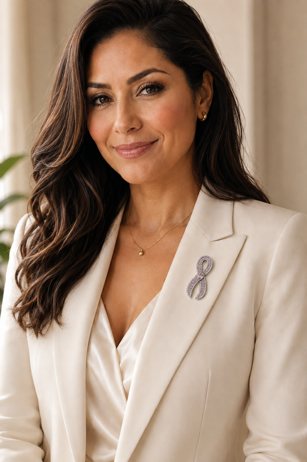 A woman with long wavy brown hair wearing a cream satin blouse and matching cream blazer, featuring a JOET pink-ribbon lapel pin on her left lapel.