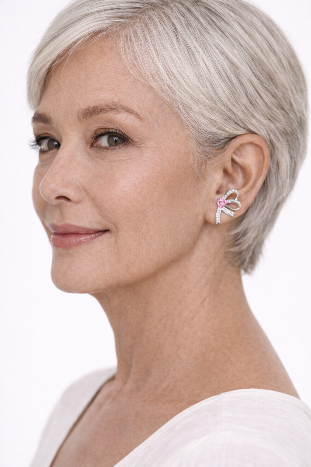 JOET Celia Pink Heart Ribbon Studs model older