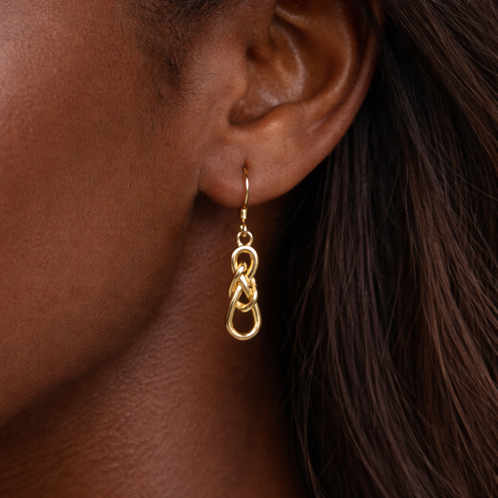  Keira Knot dangle earrings, gold ear.