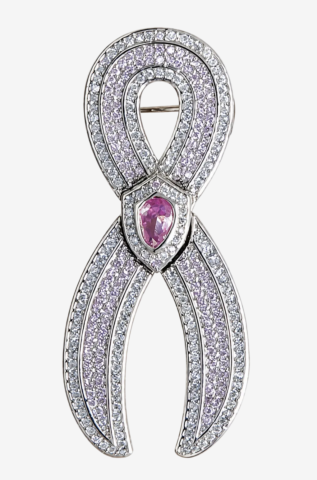 JOET Victory Shield Ribbon Pin, a silver rhodium-plated breast cancer awareness brooch with pink and clear pavé crystal stones, from the JOET Crusader Collection