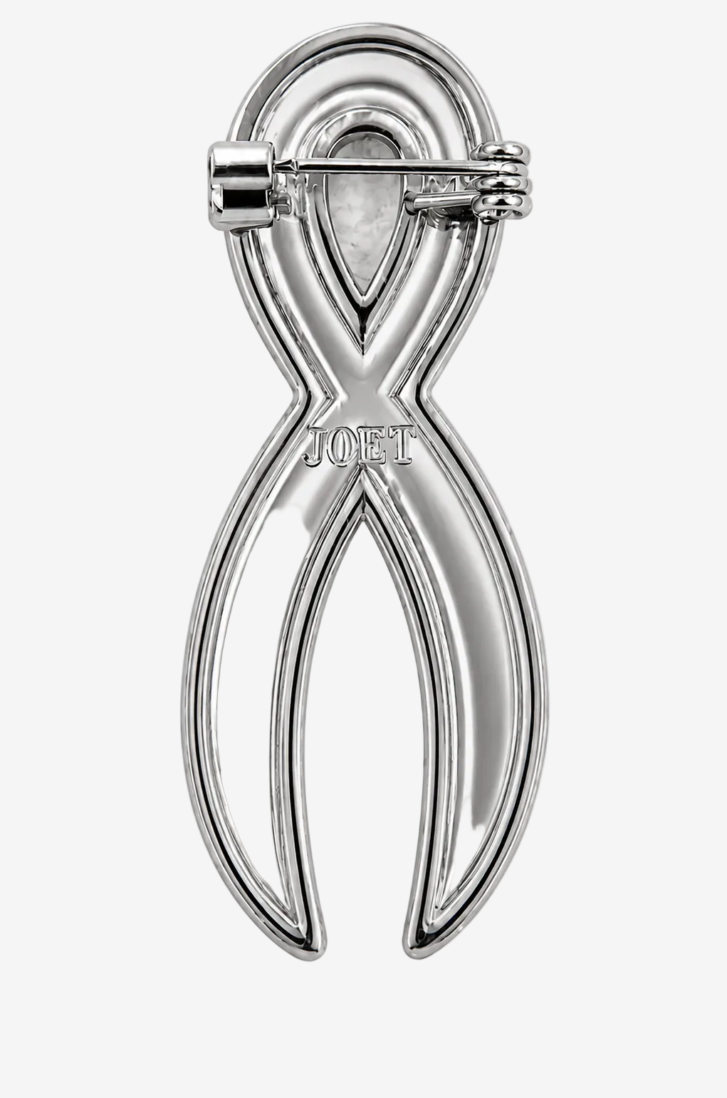 Back view of the JOET Victory Shield Ribbon Pin showing the engraved JOET name and secure butterfly clutch pin backing